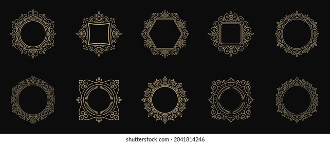 Vintage flourishes ornament frames set vector illustration. Collection victorian borders for greeting cards and wedding invitations or advertising design and place for text.