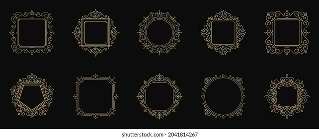 Vintage flourishes ornament frames set vector illustration. Collection victorian borders for greeting cards and wedding invitations or advertising design and place for text.