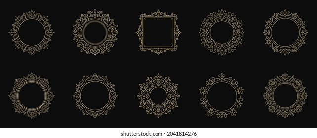 Vintage flourishes ornament frames set vector illustration. Collection victorian borders for greeting cards and wedding invitations or advertising design and place for text.