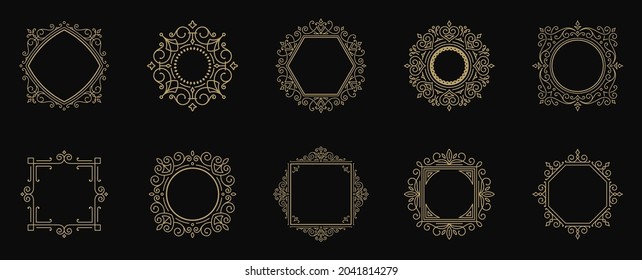 Vintage flourishes ornament frames set vector illustration. Collection victorian borders for greeting cards and wedding invitations or advertising design and place for text.