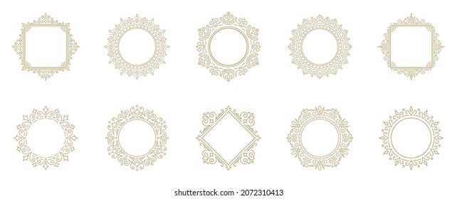 Vintage flourishes ornament frames set vector illustration. Collection victorian borders for greeting cards and wedding invitations or advertising design and place for text.