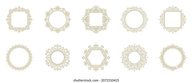 Vintage flourishes ornament frames set vector illustration. Collection victorian borders for greeting cards and wedding invitations or advertising design and place for text.