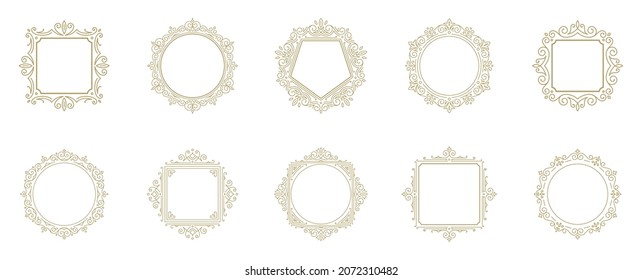 Vintage flourishes ornament frames set vector illustration. Collection victorian borders for greeting cards and wedding invitations or advertising design and place for text.