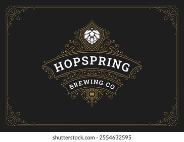 Vintage flourishes ornament golden logo brew hops design template vector illustration. Luxury elegant Victorian swirl filigree ornate calligraphic emblem for brewery beer pub bar malt craft restaurant