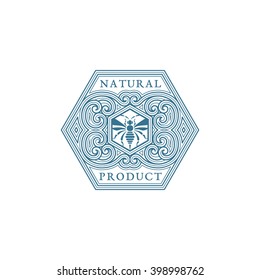 Vintage Flourishes Ornament Label Template With Bee In Trendy Linear Style. Vector Illustration.