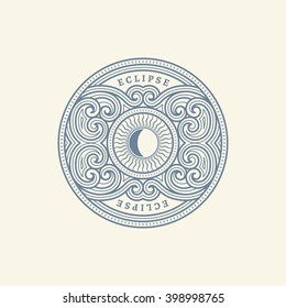 Vintage flourishes ornament label template with sun in trendy linear style. Vector illustration.