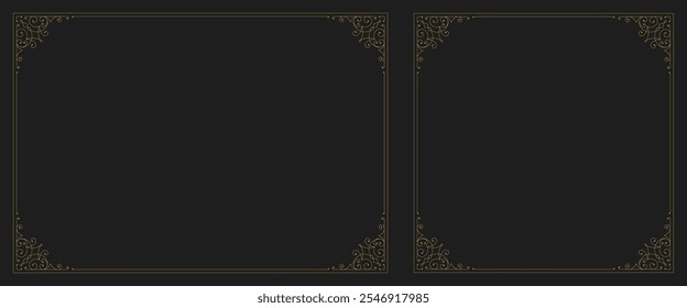 Antiguas florece el borde ornamental del marco dorado con la Ilustración vectorial del sistema de la esquina. Royal swirl caligráfico elegante filigrana rectángulo cuadrado Elementos de diseño de límites para la tarjeta de invitación