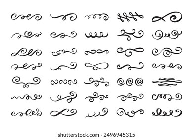 Vintage flourishes, swirls, curls, scrolls set. Calligraphic doodle design elements. Hand drawn . Vector illustration