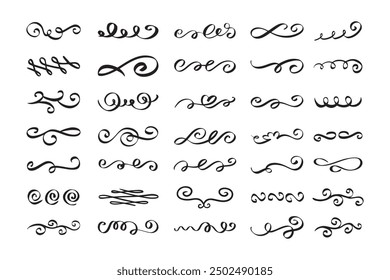 Vintage flourishes, swirls, curls, scrolls set. Calligraphic doodle design elements. Hand drawn . Vector illustration