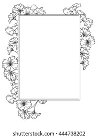 vintage flover design. Frame with geranium flowers and leaves. hand drawing style. black and white sketch