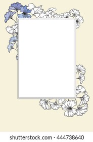 vintage flover design. Frame with geranium flowers and leaves. hand drawing style. black and white sketch
