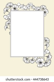 vintage flover design. Frame with geranium flowers and leaves. hand drawing style. black and white sketch