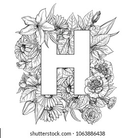 Vintage flower alphabet. Hand drawn vector illustration Isolated on white background. My portfolio have other letters.