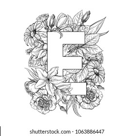 Vintage flower alphabet. Hand drawn vector illustration Isolated on white background. My portfolio have other letters.