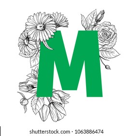 Vintage flower alphabet. Hand drawn vector illustration Isolated on white background. My portfolio have other letters.