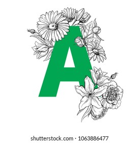 Vintage flower alphabet. Hand drawn vector illustration Isolated on white background. My portfolio have other letters.