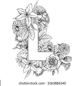 Vintage flower alphabet. Hand drawn vector illustration Isolated on white background. My portfolio have other letters.