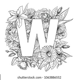 Vintage flower alphabet. Hand drawn vector illustration Isolated on white background. My portfolio have other letters.