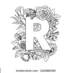 Vintage flower alphabet. Hand drawn vector illustration Isolated on white background. My portfolio have other letters.