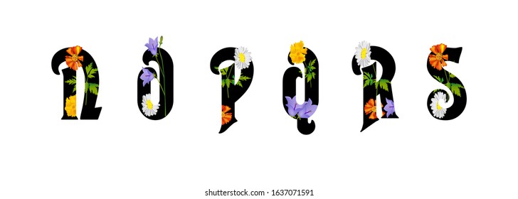 Vintage flower alphabet. Hand drawn vector illustration Isolated on white background. 