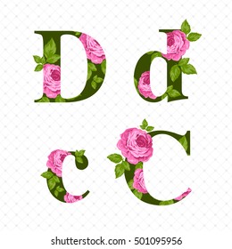 Vintage flower alphabet. Large and small green letters in the roses. Letters are suitable for the decoration and design of wedding invitations, cards, pages of books, covers, vignettes
