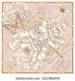 Vintage flower arrangement. Bouquet of flowers and insects. Peonies, butterfly and dragonfly. Delicate pastel colors. Pink, white and gold. Vector illustration. Template for scarves and pillows.