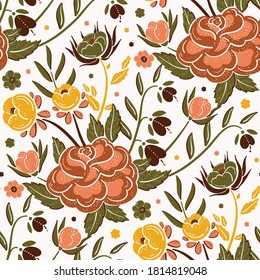 Vintage Flower Autumn Bouquet of Roses, Peonies, Bluebells and Daisies. Vector Floral Seamless Pattern. Beautiful Flowers and Leaves Colorful Fall Background. Ditsy Floral Print