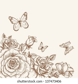 Vintage flower background. Beautiful graphic invitation card with rose and butterfly