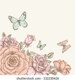 Vintage Flower Background. Beautiful Invitation Card With Rose And Butterfly