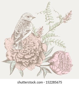 Vintage flower background. Beautiful invitation card with bird, peony and wild vetch