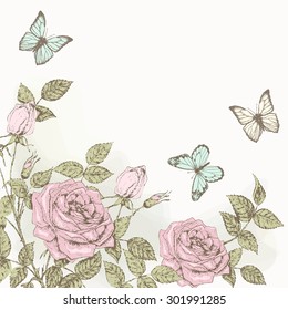 Vintage flower background. Beautiful invitation card with rose and butterfly. Shabby chic