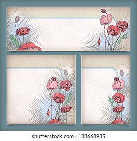 Vintage flower banners in different layout. Set of floral banners or postcards with pink, red drawing poppies and halftone elements on a background with subtle texture in retro style. EPS 10 vector