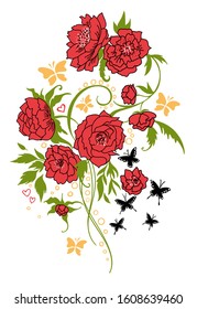 Vintage flower bouquet tattoo style. Vector drawing. Peony, rose, leaves and butterfly sketch. Decorative botanical composition. Hand drawn floral wedding invitation, label template, anniversary card.