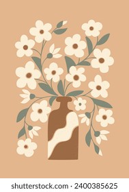 Vintage flower bouquet in vase grunge illustration. Flat vector botanical composition with grunge texture in trendy color. Perfect for home decoration