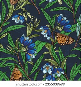 vintage flower with butterfly seamless pattern background 