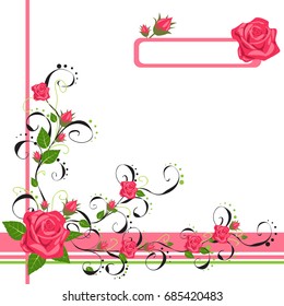 Vintage flower card with colorful roses and lace frame on white background. Vector Illustration