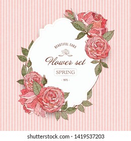 Vintage flower cards with red and pink roses. Romantic background. Vector illustration. Beautiful retro design for wedding invitations, cards, banners.