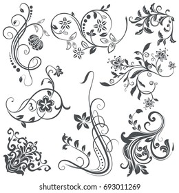 Vintage flower design elements. Black curly branches shapes isolated on white background. Vector illustration.
