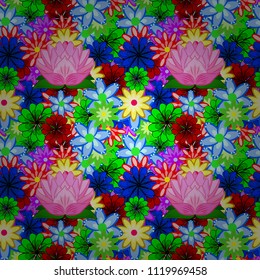 Vintage flower design elements. Blue, green and red curly flowers shapes on blue, green and red colors. Vector illustration.
