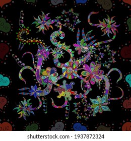 Vintage flower design elements. Blue, black and green curly flowers shapes on blue, black and green colors. Vector illustration.