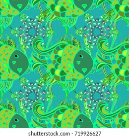 Vintage flower design elements. Green, blue and white curly flowers shapes on green, blue and white colors. Vector illustration.