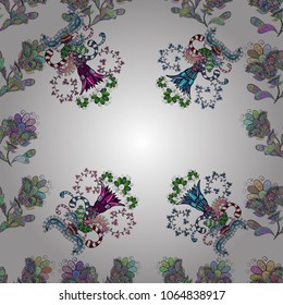 Vintage flower design elements. White, neutral, blue, green and gray curly flowers shapes on white, neutral, blue, green and gray colors. Vector illustration.