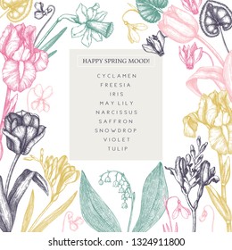 Vintage flower drawings. Vector hand drawn floral design. Spring plants sketches. Botanical garden blomming. Perfect for invitation, greeting cards, decor, branding. Wedding template.