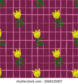 Vintage flower folk art seamless pattern on lines background. Floral nature wallpaper. Folklore style. For fabric design, textile print, wrapping, cover. Simple vector illustration.