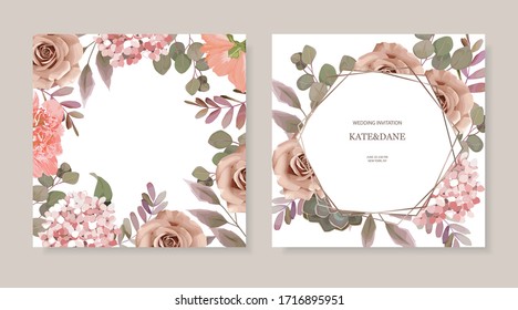 Vintage flower frame. Floral wedding cards set with hortensia, rose and eucalyptus branch. Vector illustration.