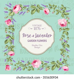 Vintage flower frame over white background. Rose and Lavender. Vector illustration.