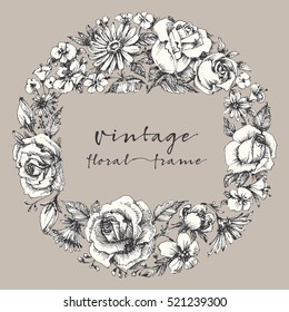 Vintage flower frame, space for text. Retro floral wedding or festive events invitation