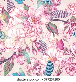 Vintage flower garden spring seamless pattern. Pink flowers blooming branches of cherry, apple trees, peach, feathers and butterflies, Vector spring floral botanical illustration. 