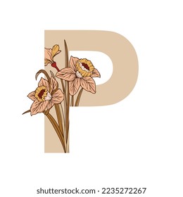 Vintage flower  leaf alphabet initial botanical for wedding invitations, greeting card, logo, isolated white background.