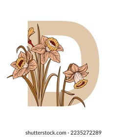 Vintage flower  leaf alphabet initial botanical for wedding invitations, greeting card, logo, isolated white background.